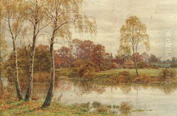 Silver Birch Trees Beside A River With A Cottage In Thedistance Oil Painting by Thomas H. Hunn