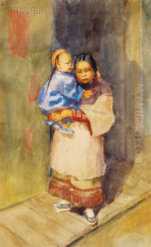 Portrait Of A Chinese Mother And Child Oil Painting by Esther Anna Hunt