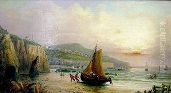 Fishermen On A Sore With A Harbour AndCliff Tops Beyond Oil Painting by Millson Hunt