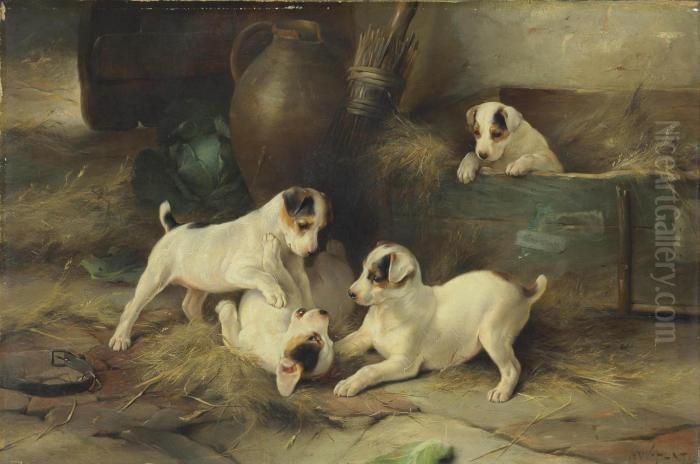 Four Puppies At Play Oil Painting by Walter Hunt