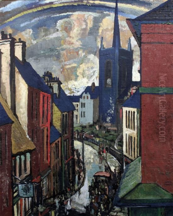 Street Scene With Rainbow Oil Painting by John Frederick Hunter