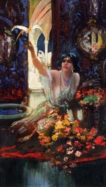 Harem Girl With Pet Bird Oil Painting by Hal Hurst