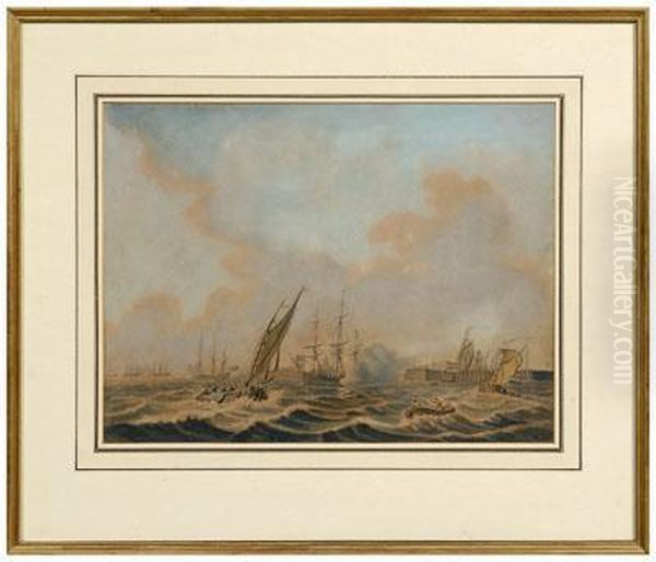 DutchShips Engaging A Fort Oil Painting by Samuel Hutchinson