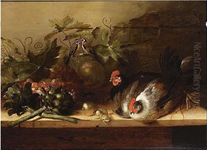 A Still Life With Two Hens Oil Painting by Balthasar Huys