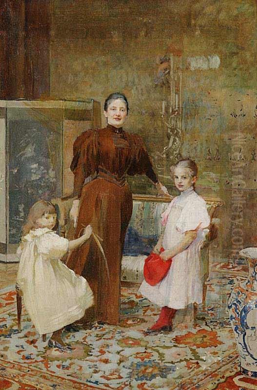 A Portrait Of Mrs. Hrusova With Children Oil Painting by Vojtech (Adalbert) Hynais