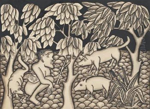 Man Defecating, Dog Smelling And Two Pigs Looking On Oil Painting by I Gasek