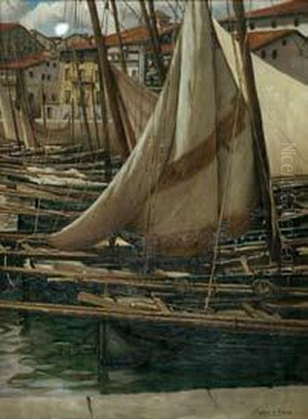 Puerto Pesquero Del Pais Vasco. Oil Painting by Julian Ibanez De Aldecoa Y Arana