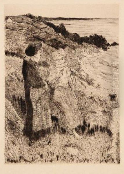 Deux Fillettes Sur Une Falaise Bretonne Oil Painting by Henri-Gabriel Ibels