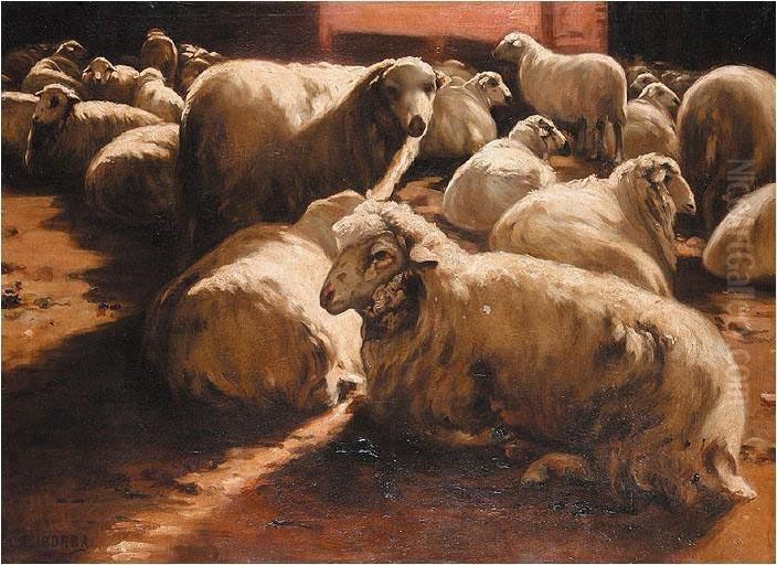 Sheep In A Barn Oil Painting by Lino Casimiro Iborra