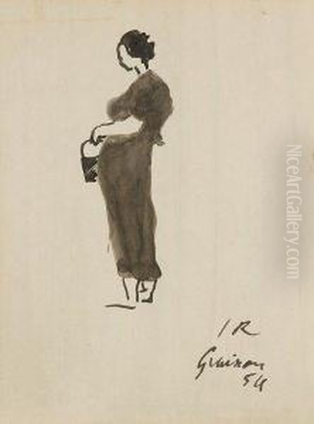 Femme Debout De Profil A Son Sac A Main Oil Painting by Rene Iche