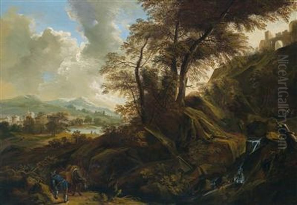 A Wide Landscape With A Waterfall Oil Painting by Philippe-Augustin Immenraet