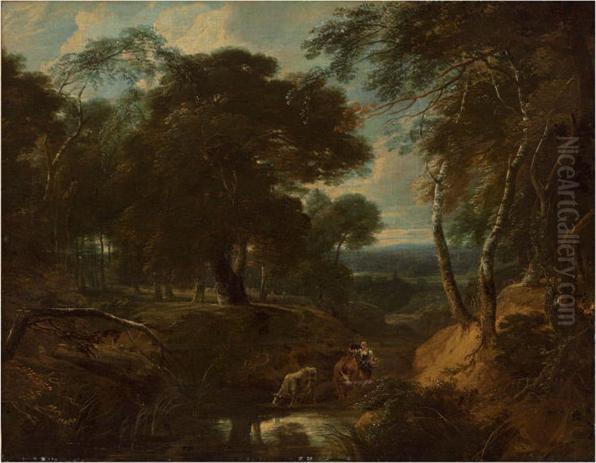 A Wooded Landscape With A Herder By A Stream Oil Painting by Philippe-Augustin Immenraet
