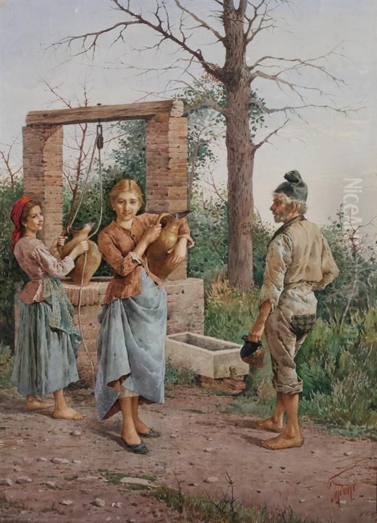 Flirtation At The Well Oil Painting by Filippo Indoni