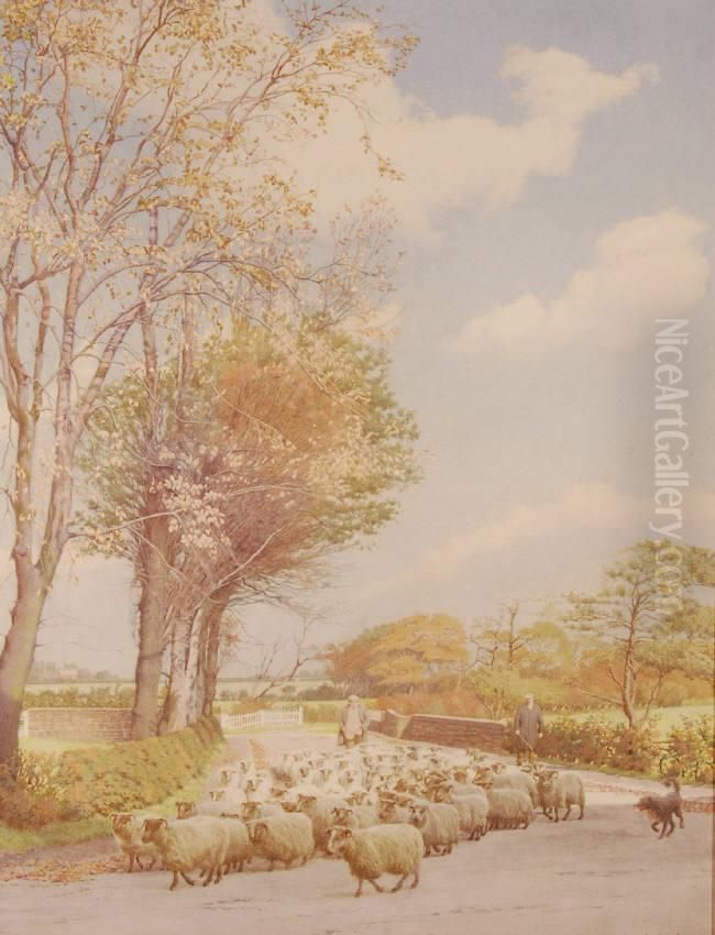 Farmers With A Flock Of Sheep Oil Painting by James Ireland