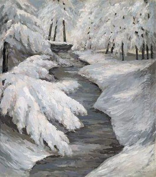 Stream In The Winter Oil Painting by Sebastian Isepp