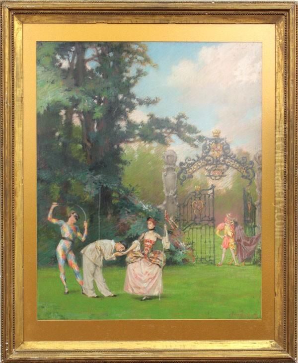 Garden Scene With Harlequins Oil Painting by Samuel Isham