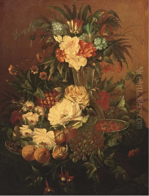 Flowers And Fruit Oil Painting by Johan Frederik Wilhelm Isselman