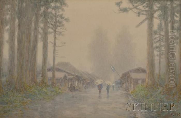 Figures Holding Umbrellas While Walking In The Woods Oil Painting by Yasuhiko Ito