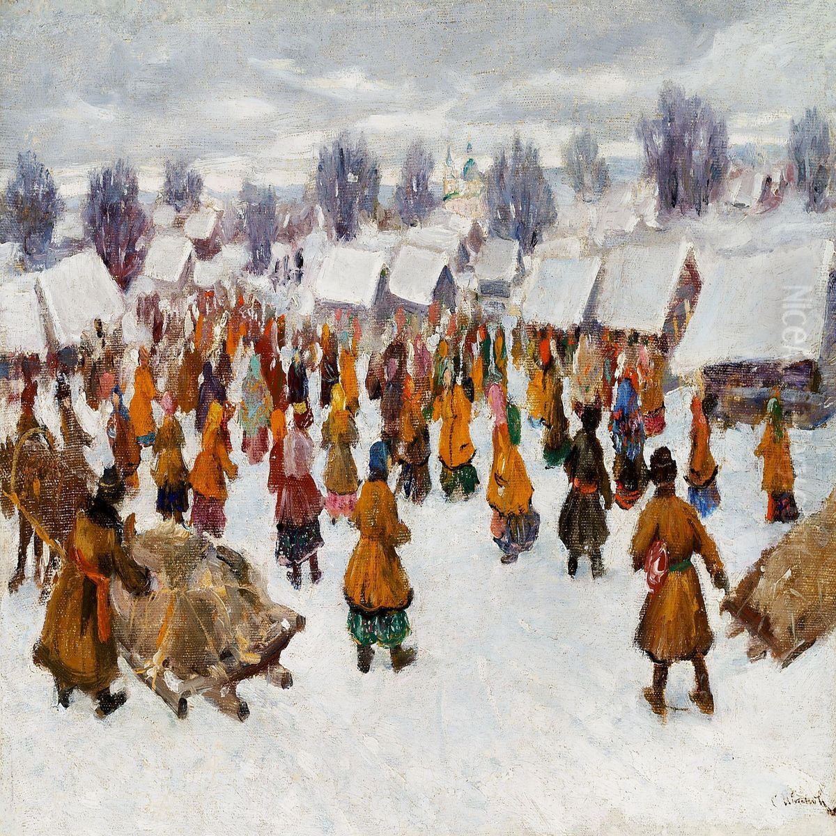 Streetlife Outside A Snow-covered Village In Russia Oil Painting by Sergei Ivanov