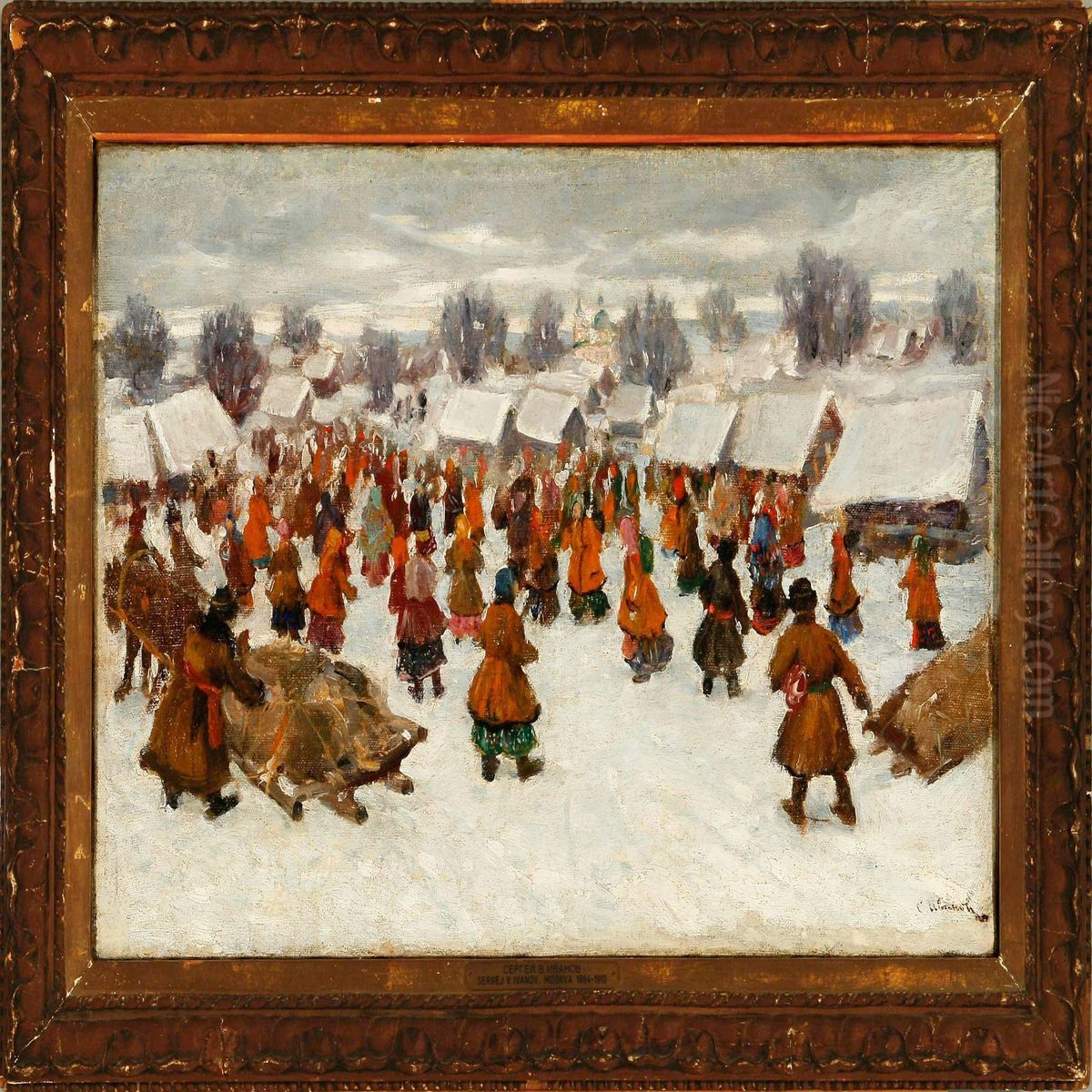 Streetlife Outside A Snow Clad Village Oil Painting by Sergei Ivanov