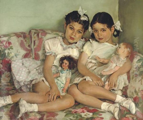 Portrait Of Two Young Girls With Dolls Oil Painting by Sergei Ivanov