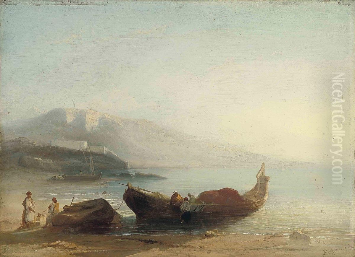 North African Fishermen On The Shore Oil Painting by Jacobus Jacobs