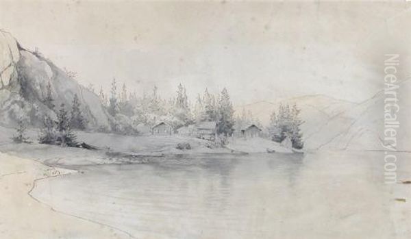 Norwegische Seelandschaft MitBlockhausern Oil Painting by Sophus Jacobsen