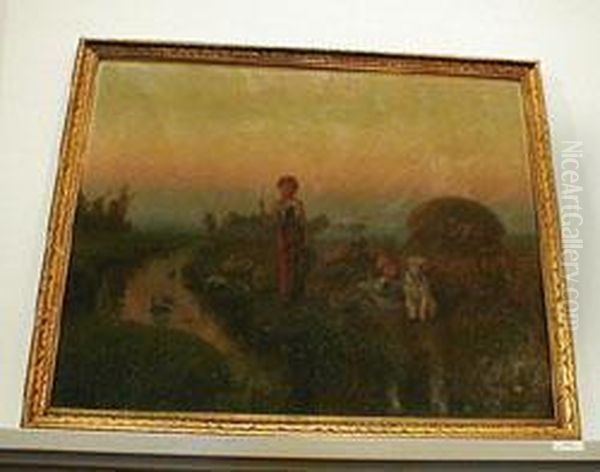 Young Girls With Geese And A Dog Oil Painting by C. Jacquat