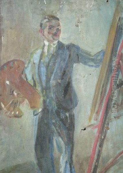 Portrait Of An Artist At Work, Standing Full-length At An Easel Oil Painting by Raphael Bouquet