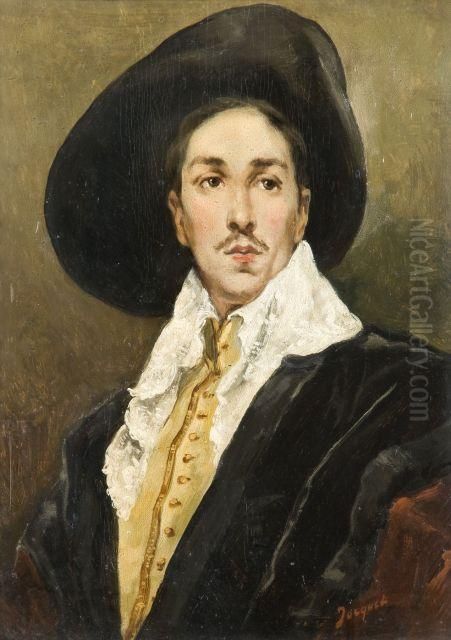 Portrait D'homme Au Chapeau Noir En Costume Du Xviie Siecle Oil Painting by Jacquet Gustave