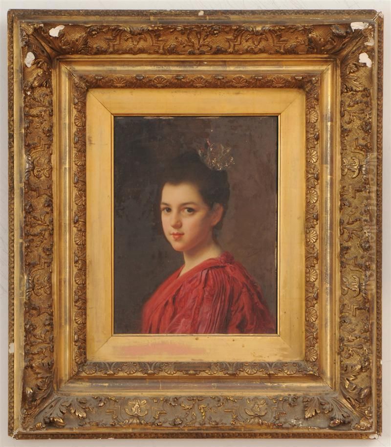 Portrait Of A Girl In Red Oil Painting by Jacquet Gustave