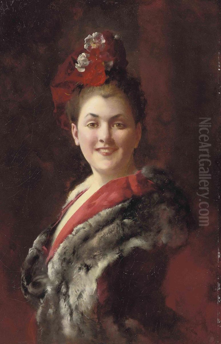 A Lady In A Fur-lined Cape Oil Painting by Jacquet Gustave