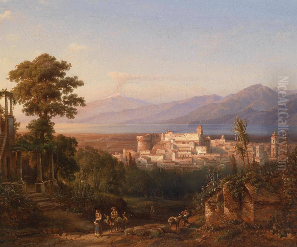 View Of The CastelloAragonese Di Reggio Calabria And View Of Mount Etna Oil Painting by Heinrich Jaeckel