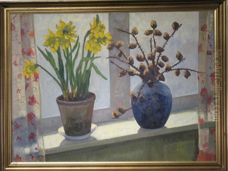 Stilleben: Fensterbank Mit Blumentopfen Oil Painting by Johan Jakobsen