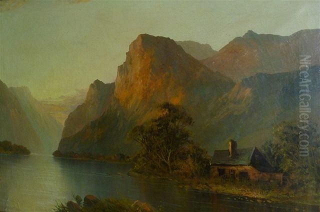A Loch And Highland Landscape With A Cottage At Sunset Oil Painting by Frank E. Jameson