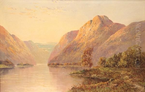 Highland Loch At Sunset With A Castle Ruin On The Opposite Bank, Together With Another Similar Oil Painting by Frank E. Jamieson