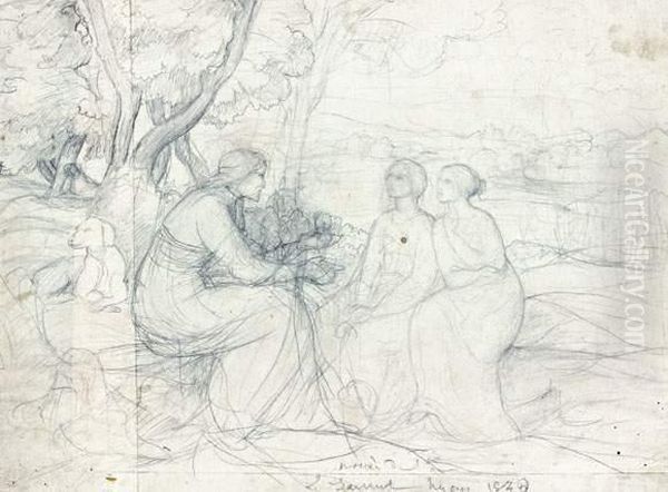 Esquisse Pour < Le Grain De Ble > Oil Painting by Anne-Francois-Louis Janmot