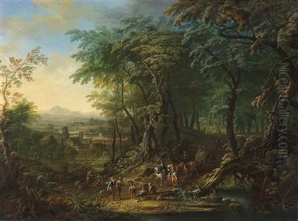 A Wooded Landscape With Travellers Oil Painting by Frans Christoph Janneck