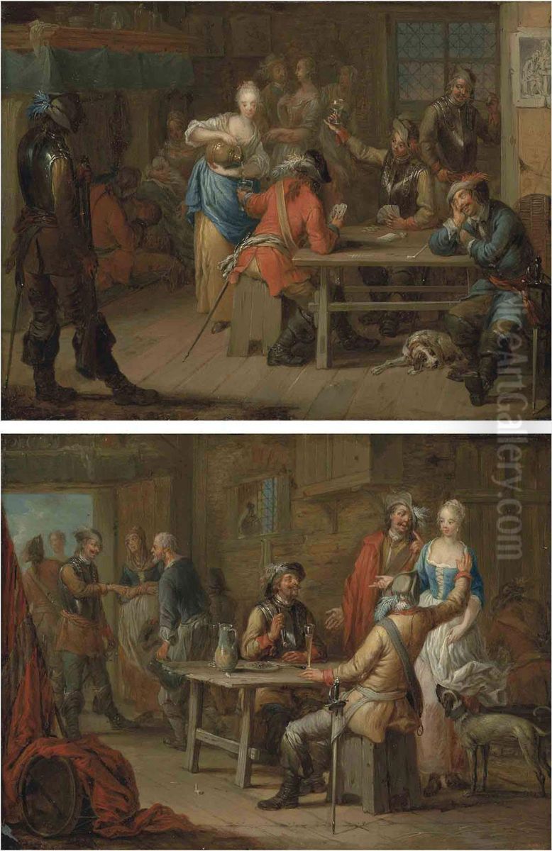 Soldiers Playing Cards In An Inn; And Soldiers Merrymaking In Aninn Oil Painting by Frans Christoph Janneck
