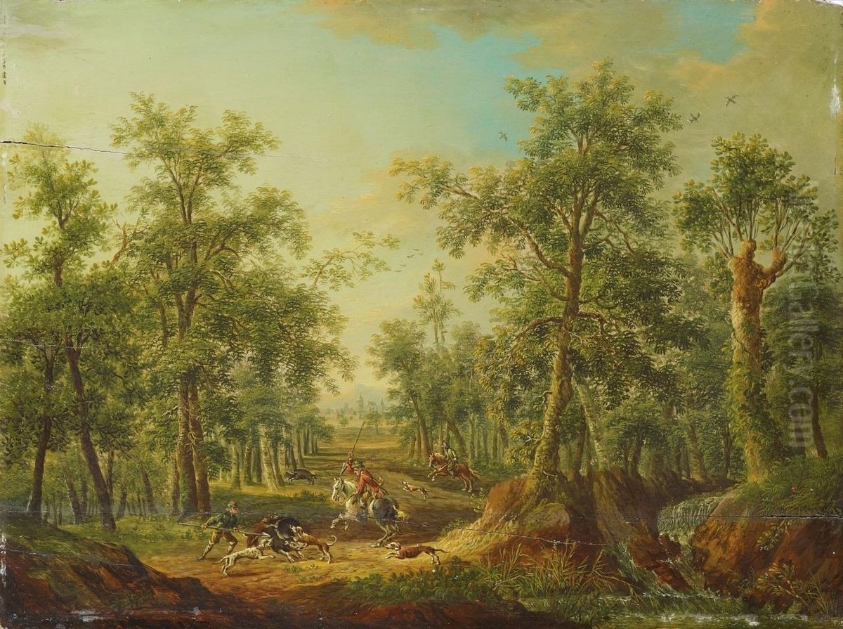 Waldlandschaft Mitwildschweinjagd Oil Painting by Frans Christoph Janneck
