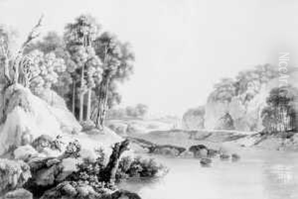 Flusslandschaft Mit Drei Rastenden Mannern. Oil Painting by Lorenz Janscha