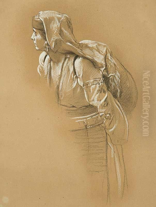A Montenegrin Girl With A Knapsack On Herback Oil Painting by Eermak Jaroslav