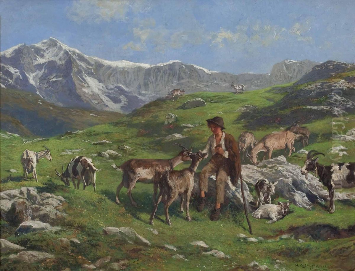 Ziegenhirten Auf Der Alm Oil Painting by Rudolf Alfred Jaumann