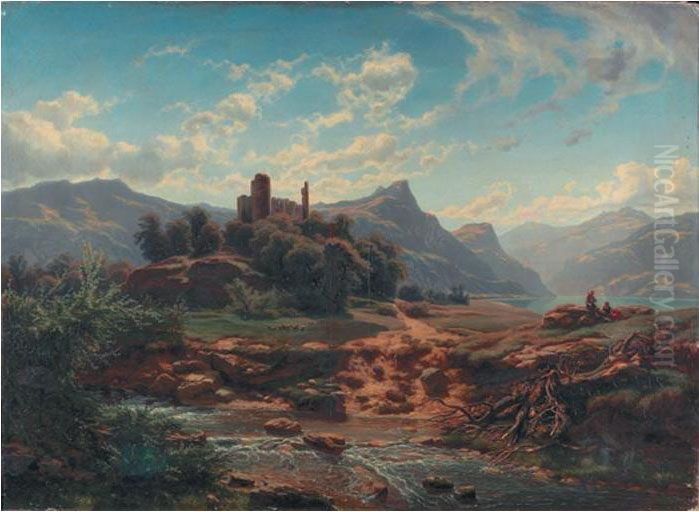 Chateau En Ruines Pres D'un Torrent Et D'un Lac Oil Painting by Pierre Alexandre Jeanniot
