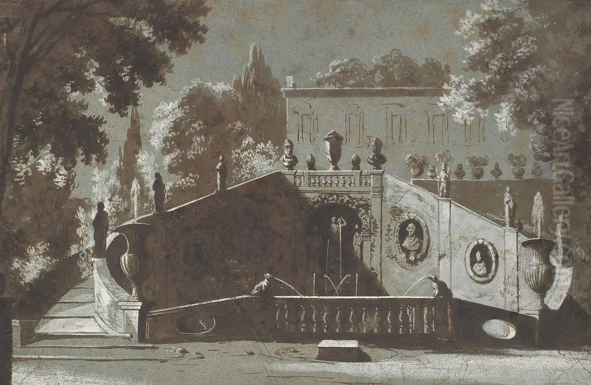Un Jardin A L'italienne Avec Une Fontaine Monumentale Et Une Villa A L'arriere-plan Oil Painting by Etienne Jeaurat