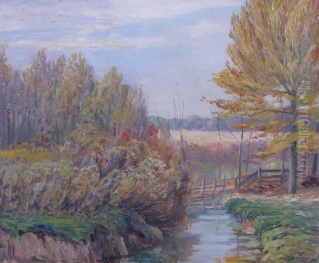 Autumn Landscape With Creek And Fence Oil Painting by Orville Jefferson