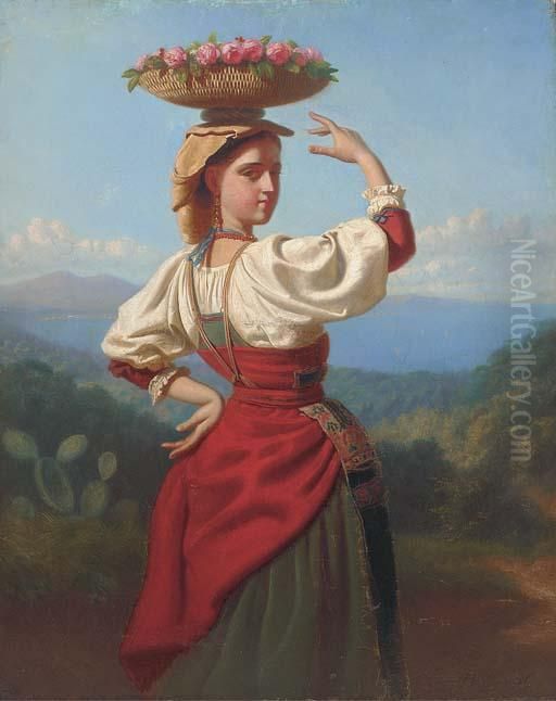A Young Beauty With A Basket Of Roses On The Amalfi Coast Oil Painting by Jenaro Perez Villamil