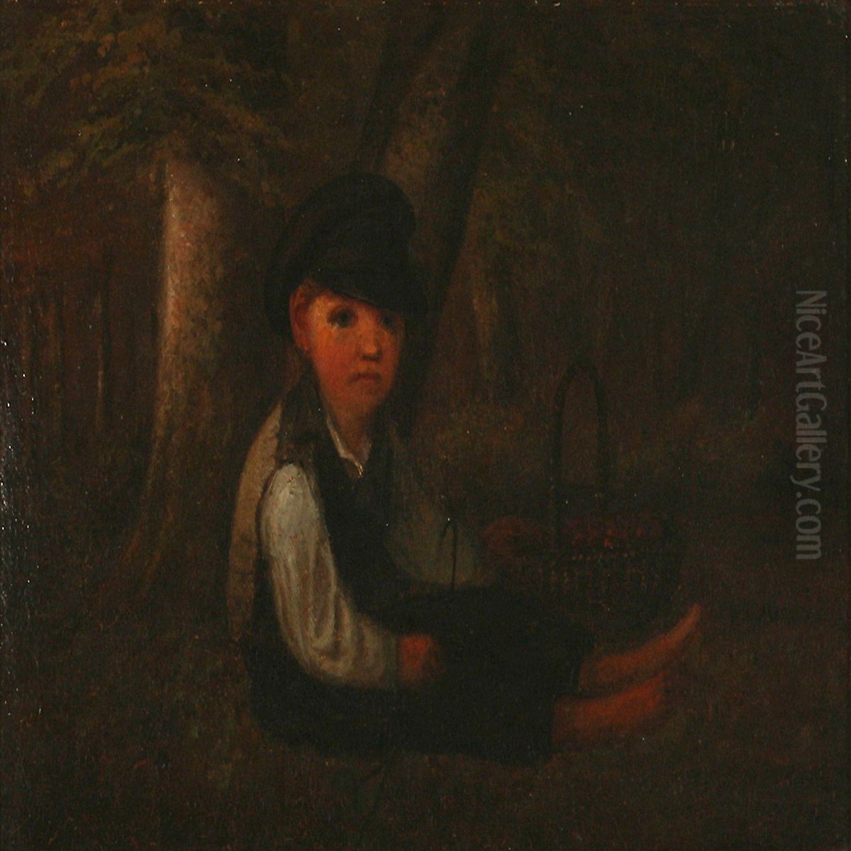 A Boy With A Basket Inthe Forest Oil Painting by Hans Christian Jensen