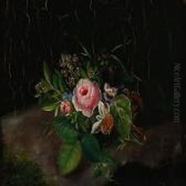 Flowers On A Stump Of Tree Oil Painting by I.L. Jensen