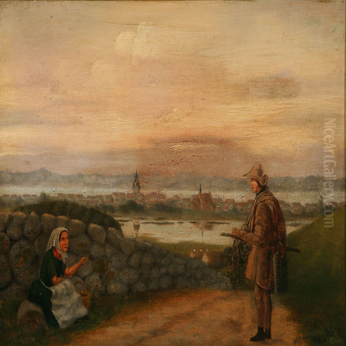 A Fisherman Inconversation With A Woman At A Stone Fence Oil Painting by Johannes Jensen